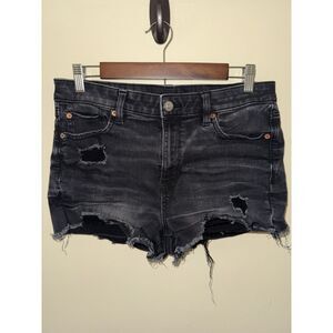 American Eagle High-Rise Shortie Black Distressed Denim Shorts Size 10